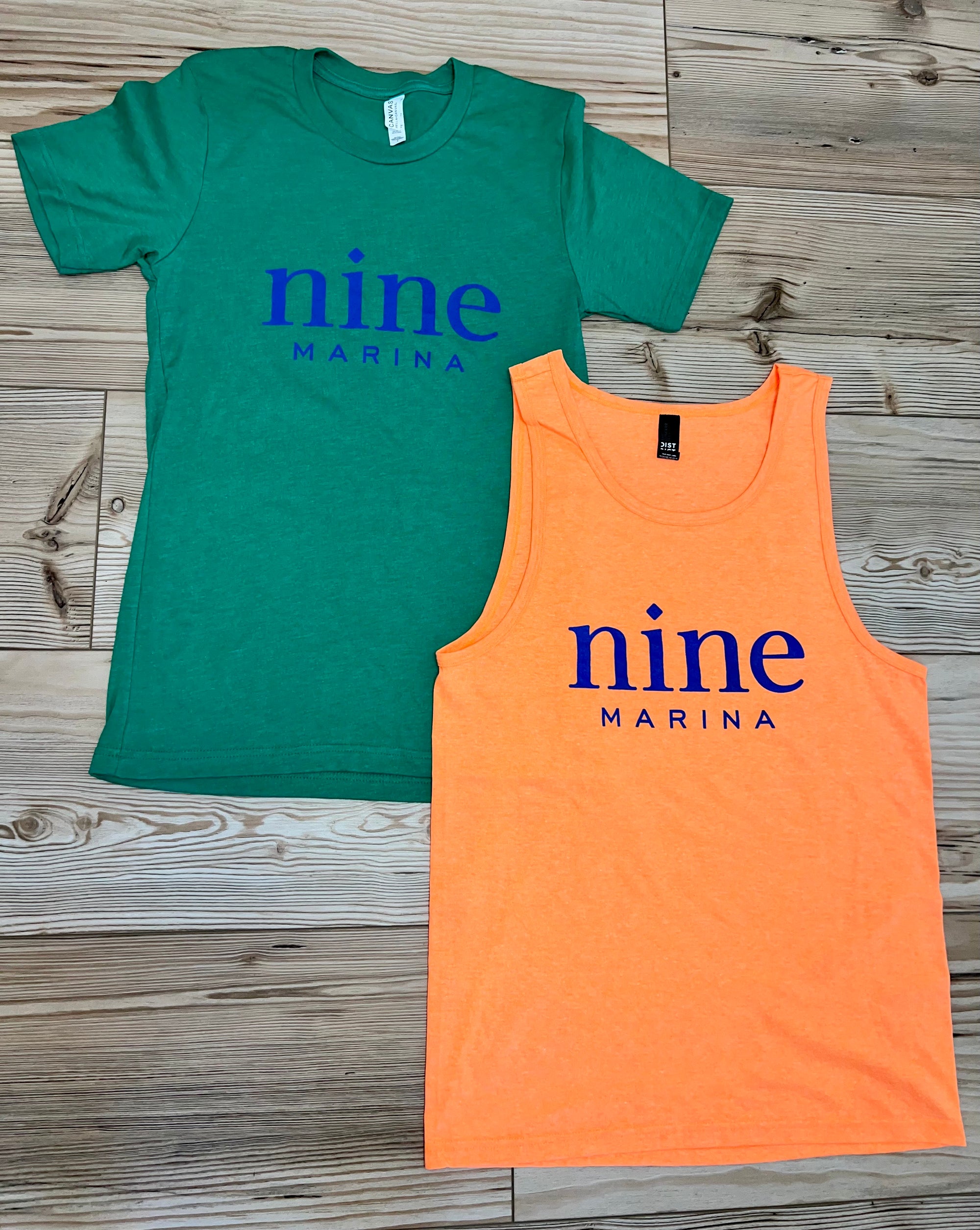 BRANDED TEE - COBALT STACKED NINE ON GREEN/ORANGE