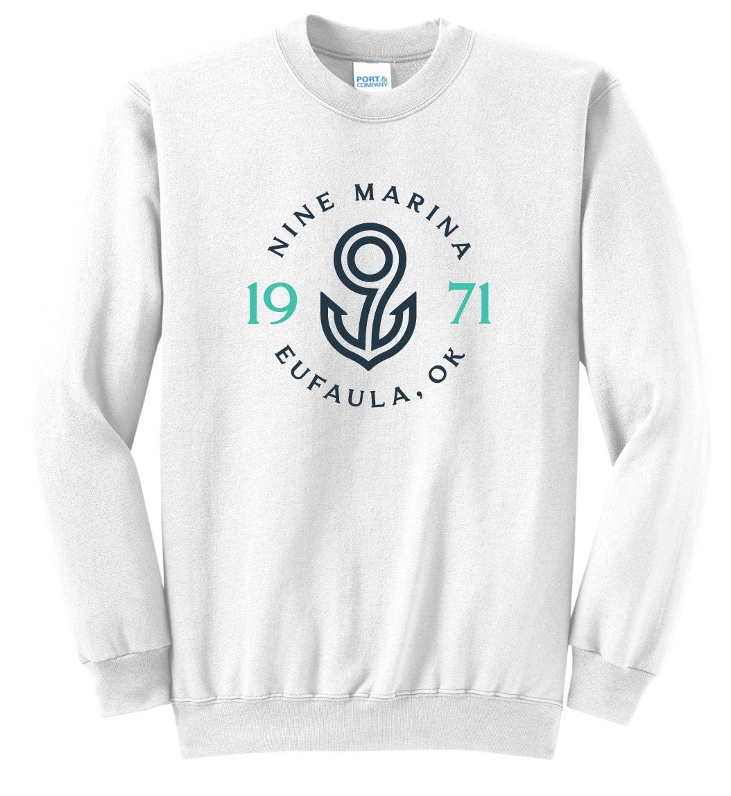 SWEATSHIRT - NAVY/TURQ BADGE LOGO ON WHITE
