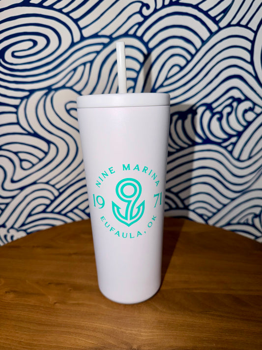 BRANDED - TUMBLER WHITE 24OZ  W/ TURQ BADGE LOGO