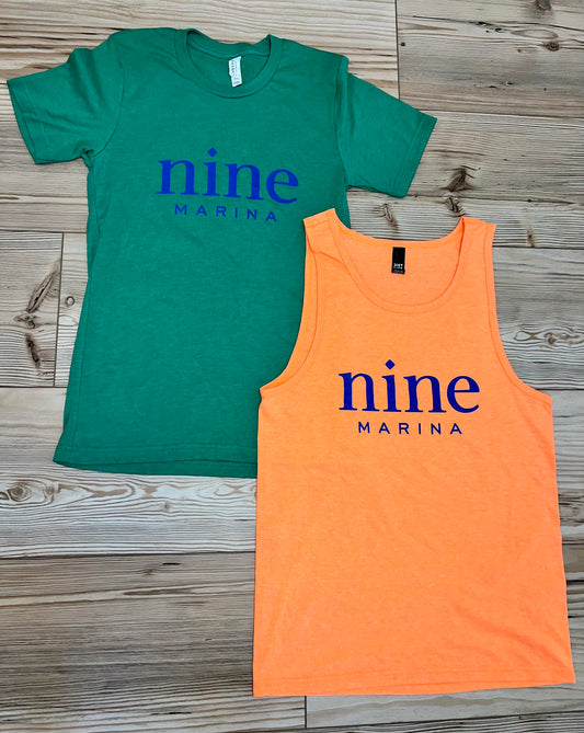BRANDED TEE - COBALT STACKED NINE ON GREEN/ORANGE