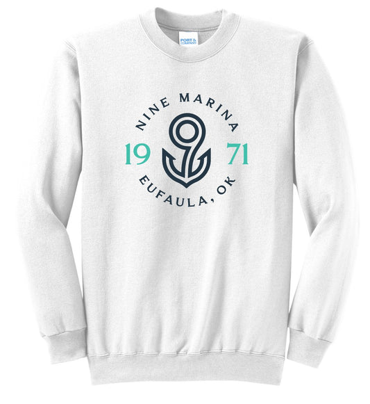 SWEATSHIRT - NAVY/TURQ BADGE LOGO ON WHITE